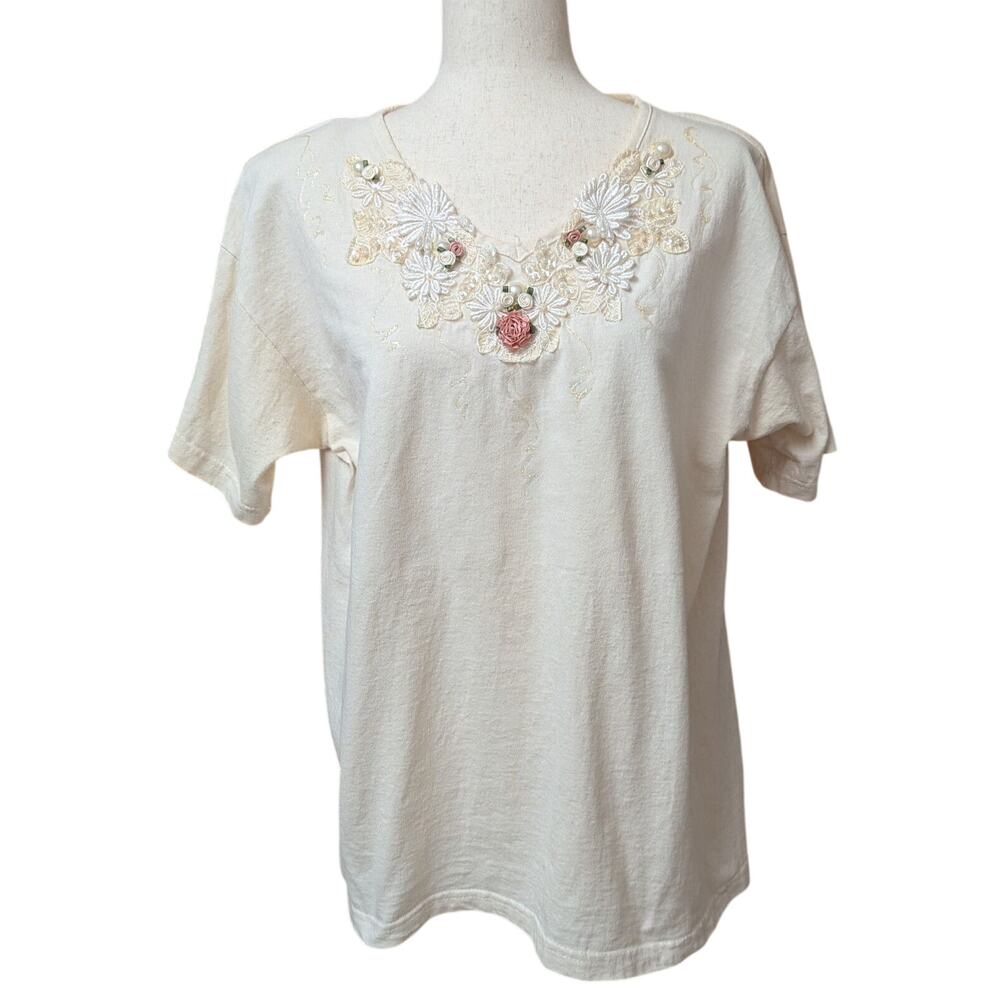 Vintage Cactus Ivory Shirt Vest Set Womens L Pearls Beads Embroidered Sequins - Picture 2 of 15
